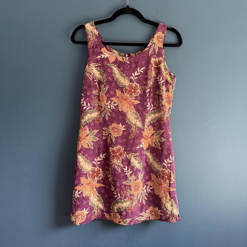 Vintage 90s Silk Dress Women's Size 8 Petite Purple Floral Leaves Retro Summer